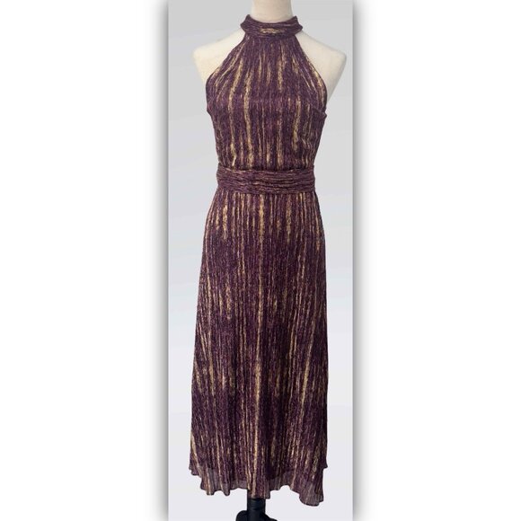 ML Monique Lhuillier Cocktail Dress Halter Purple Gold Metallic Midi Size 4 50" - Picture 3 of 16